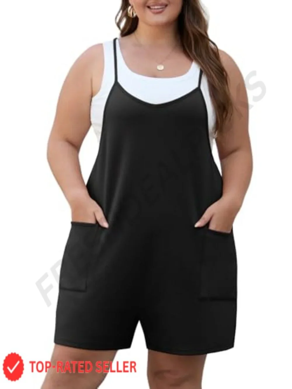 Plus Size Romper Sleeveless Adjustable Spaghetti Strap Jumpsuit with Pockets